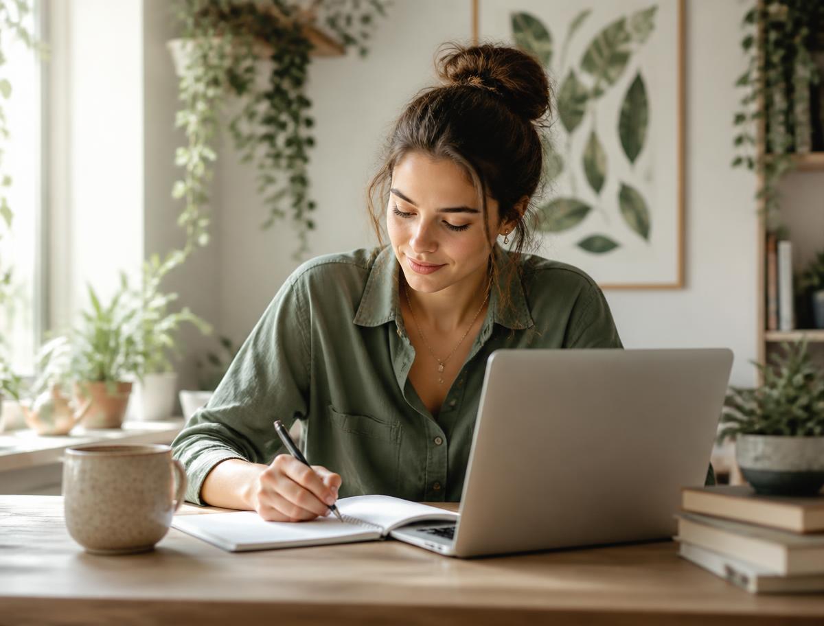 A young woman studying the Billings Ovulation Method online at home
