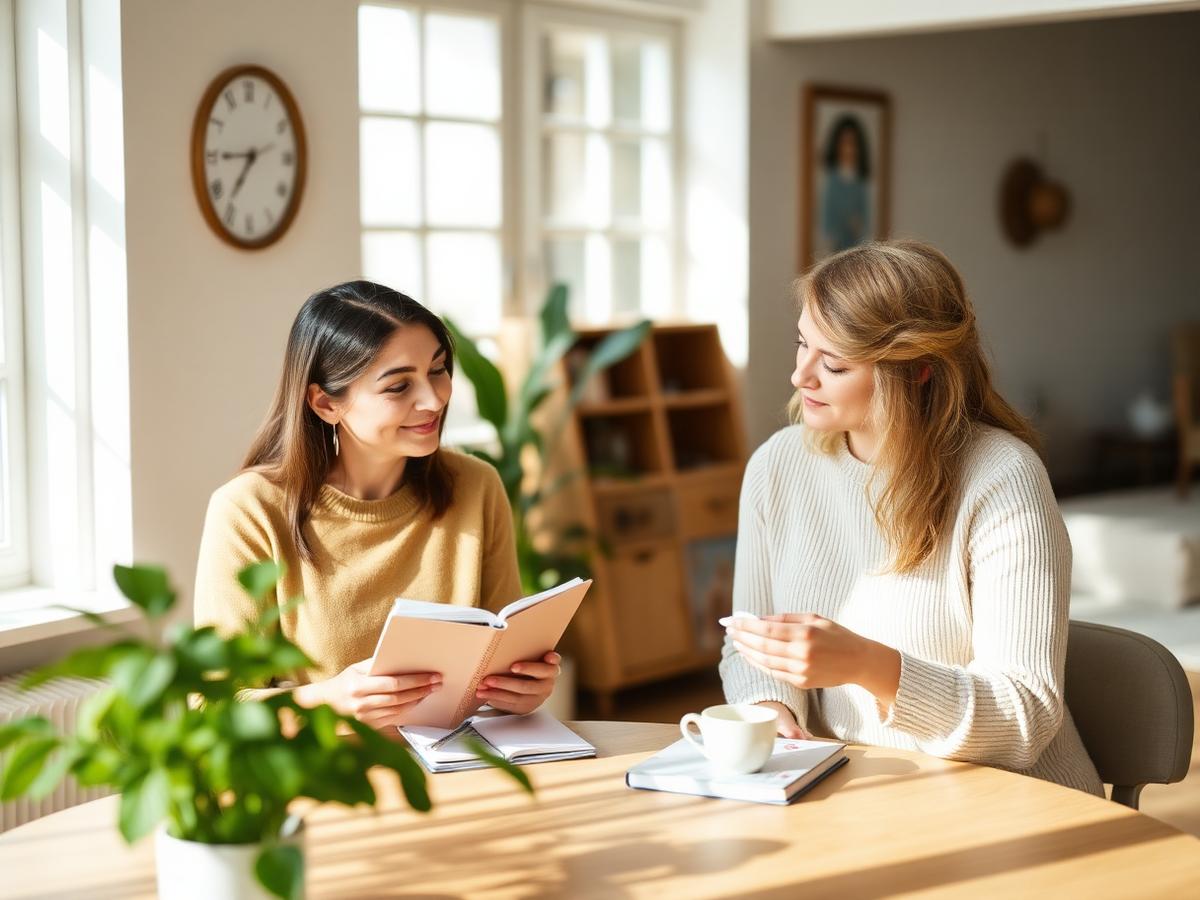 An accredited teacher meeting one-to-one with a woman at a table